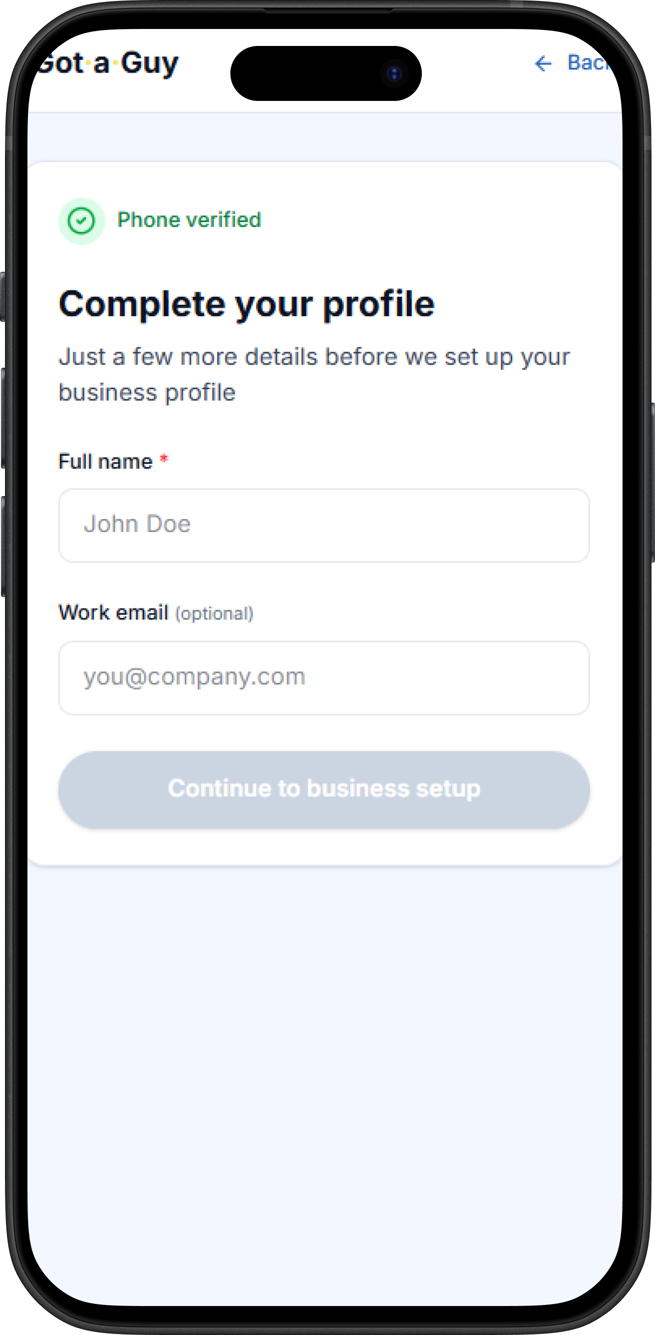 Mobile app interface showing vendor profile setup
